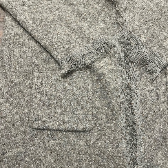 Max Studio Fringe Long Open Front Cardigan Knit Textured Patch Pockets Large - Picture 3 of 5